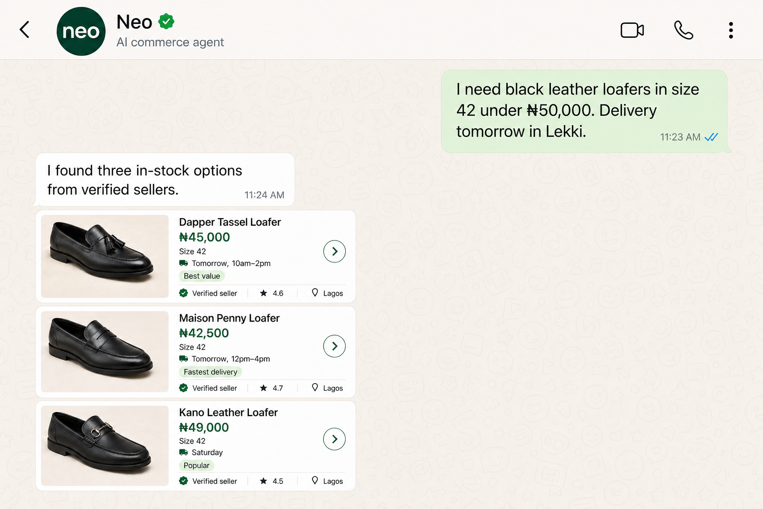 Buyer asks Neo for black loafers and receives three verified options.