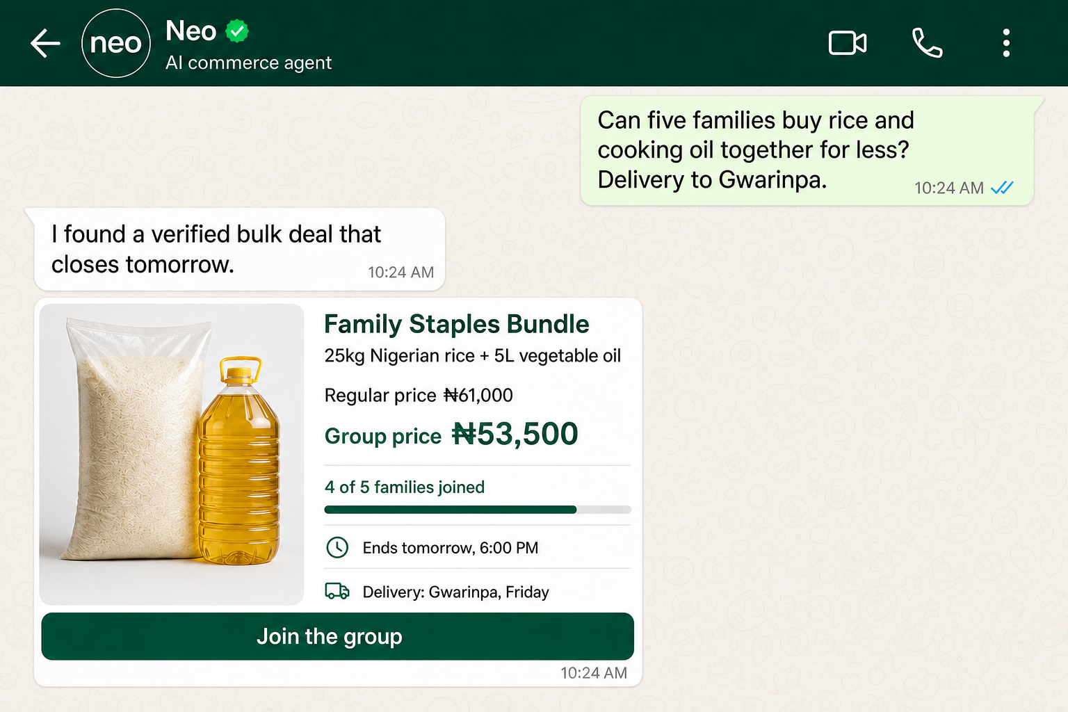 Families form a verified grocery group deal in Neo.