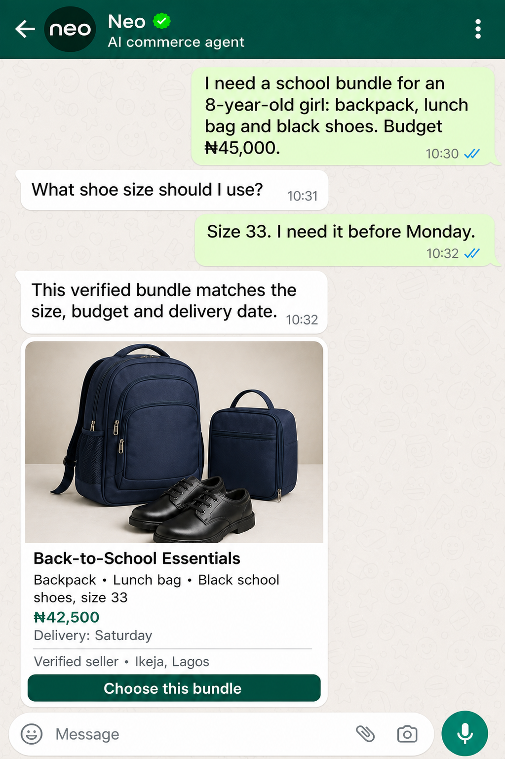 Parent asks Neo for a school bundle by size, budget and delivery date.