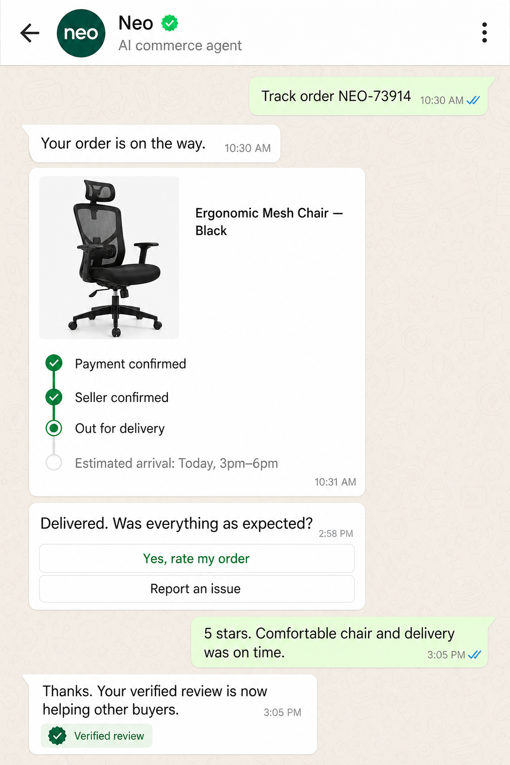 Buyer tracks a chair delivery and leaves a verified review in Neo.
