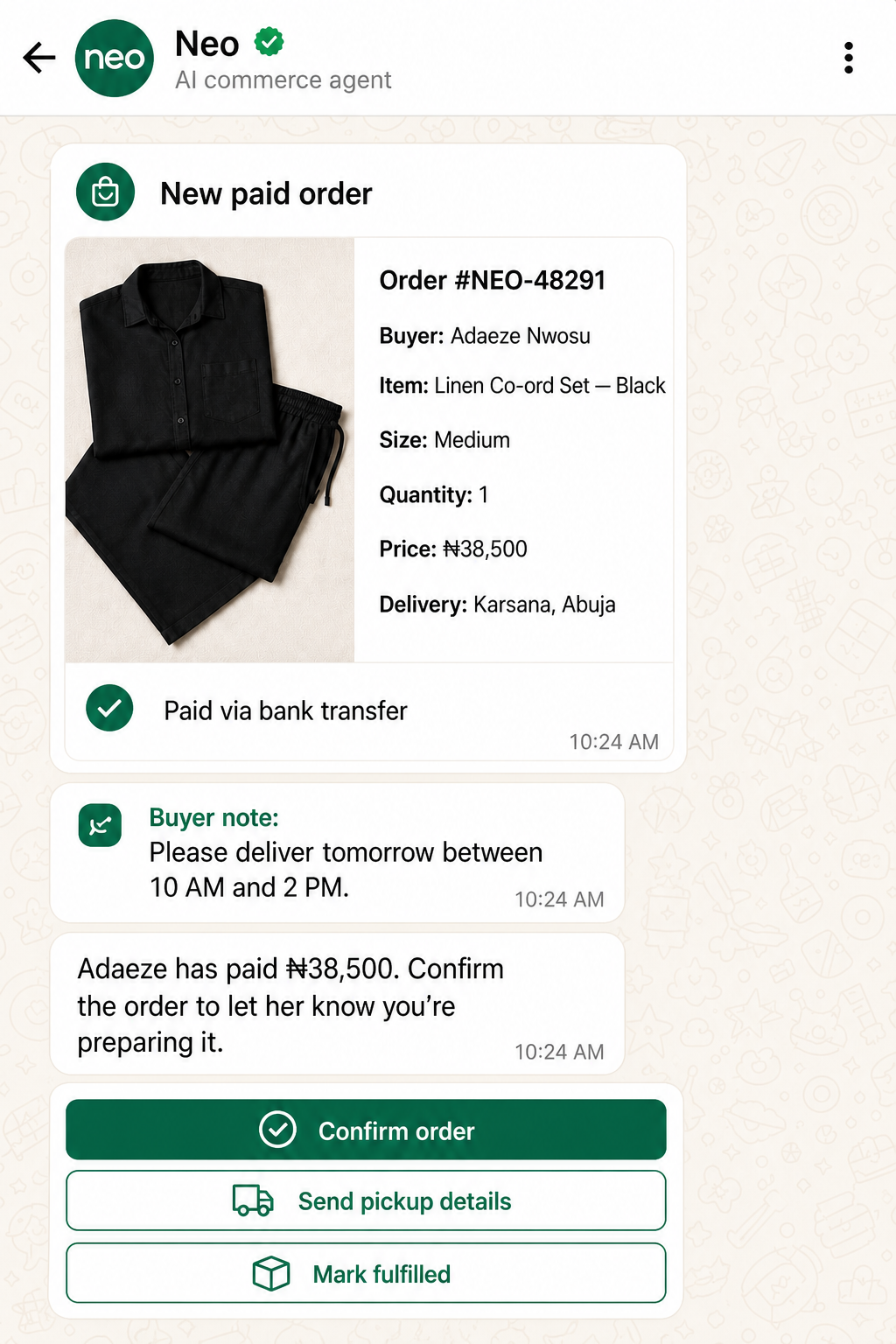 Seller receives a paid order and acts on its delivery window.