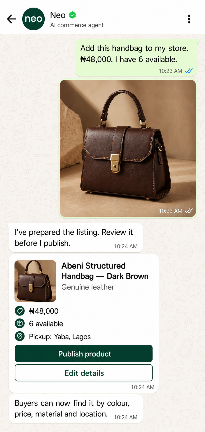 Seller turns a handbag photo into a ready-to-publish Neo listing.